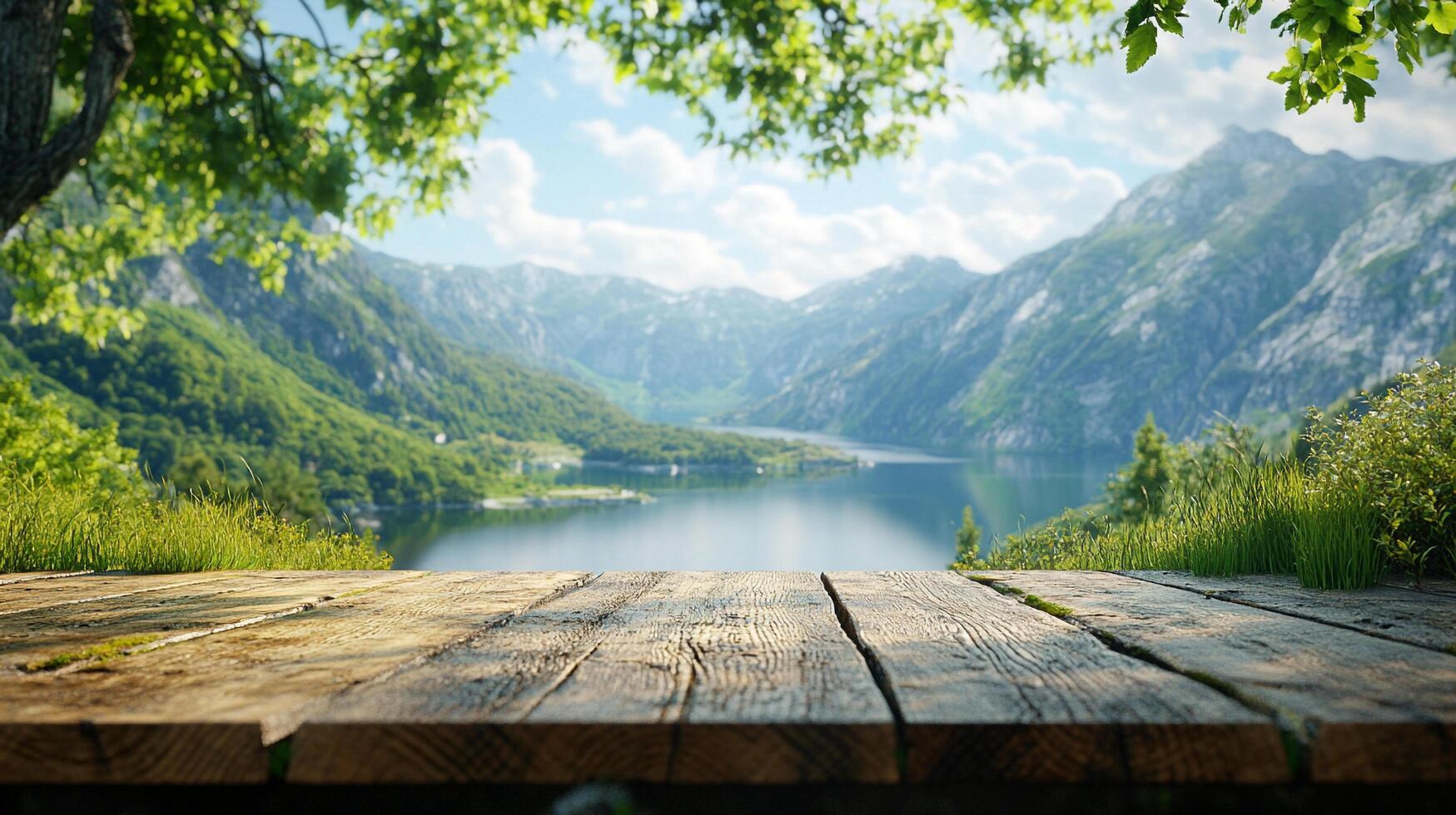 Scenic mountain vista with placid lake waters, verdant landscape, and inviting wooden deck offers an idyllic, peaceful escape to nature. photo