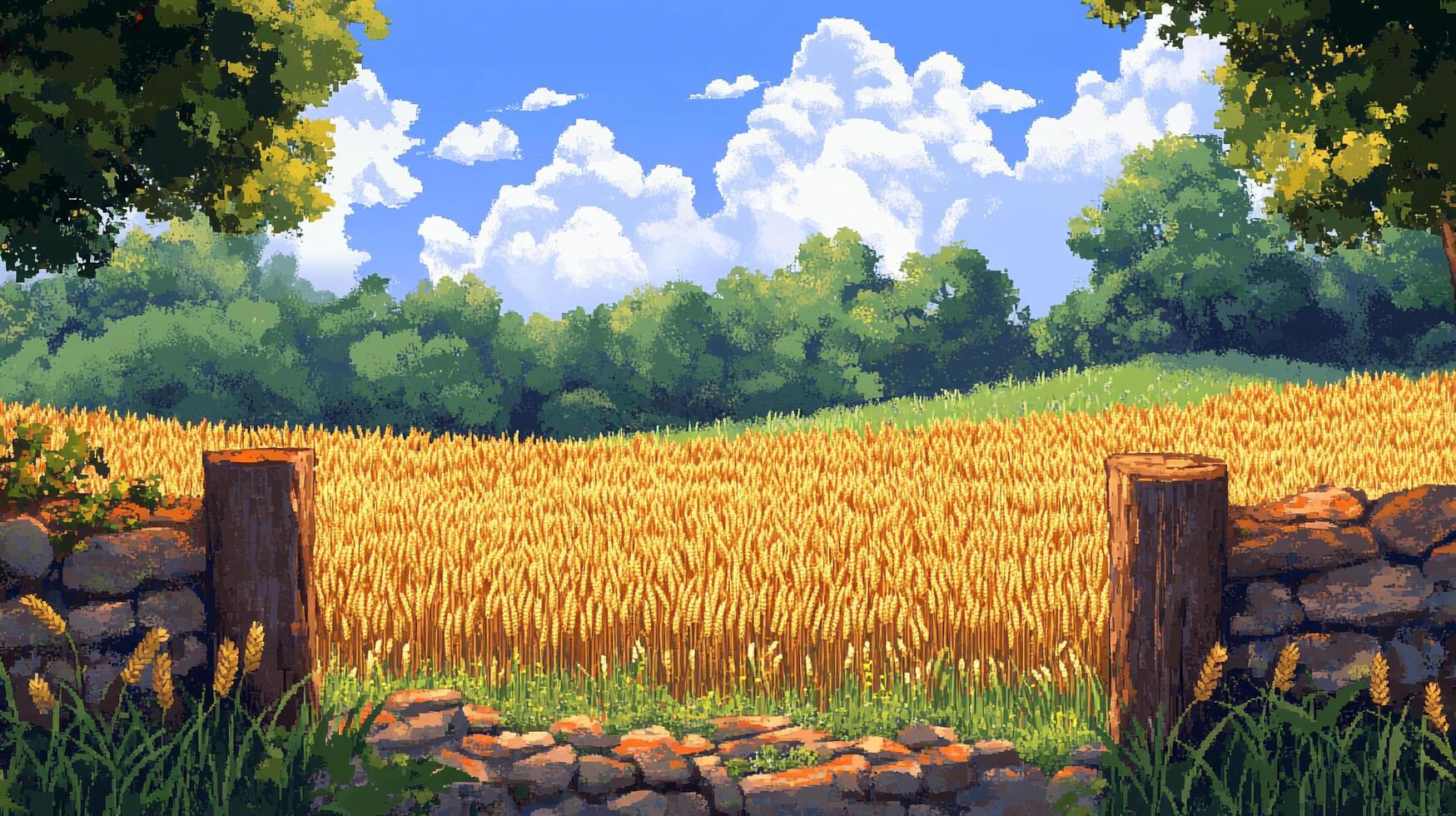 A tranquil pixel art landscape featuring a golden wheat field under a blue sky with fluffy clouds, framed by a rustic stone wall. Serene and calm. photo
