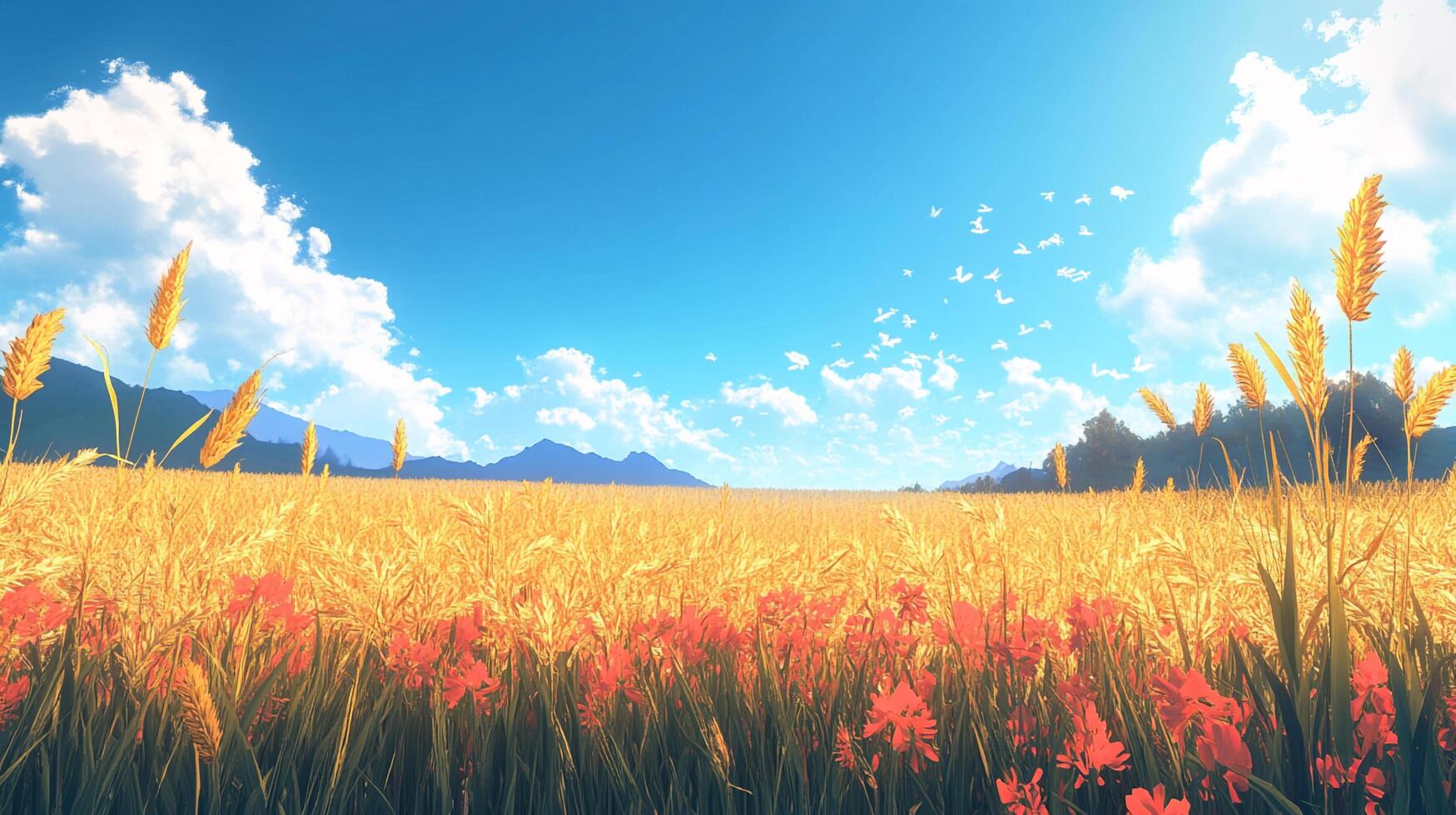Golden wheat field under a sunny sky with scattered clouds and birds flying above, featuring red flowers in the foreground. photo