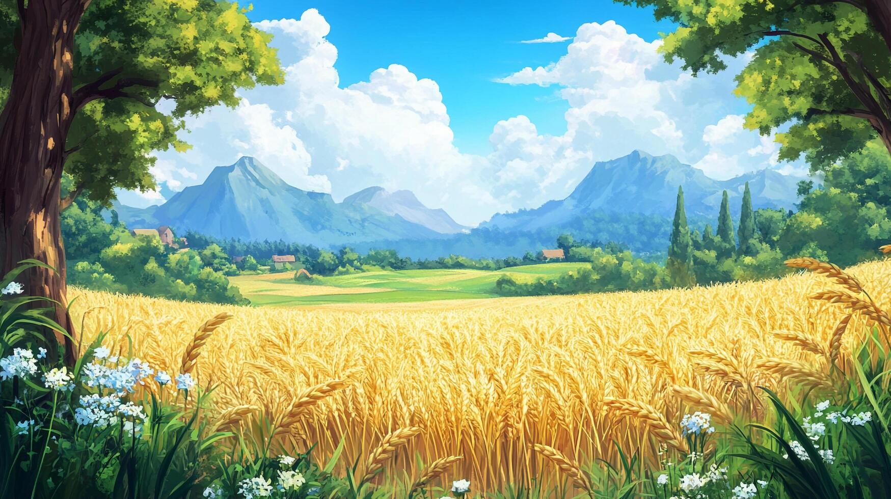 Golden wheat field stretches toward mountains under a bright sky, framed by trees, evoking peace and abundance. photo