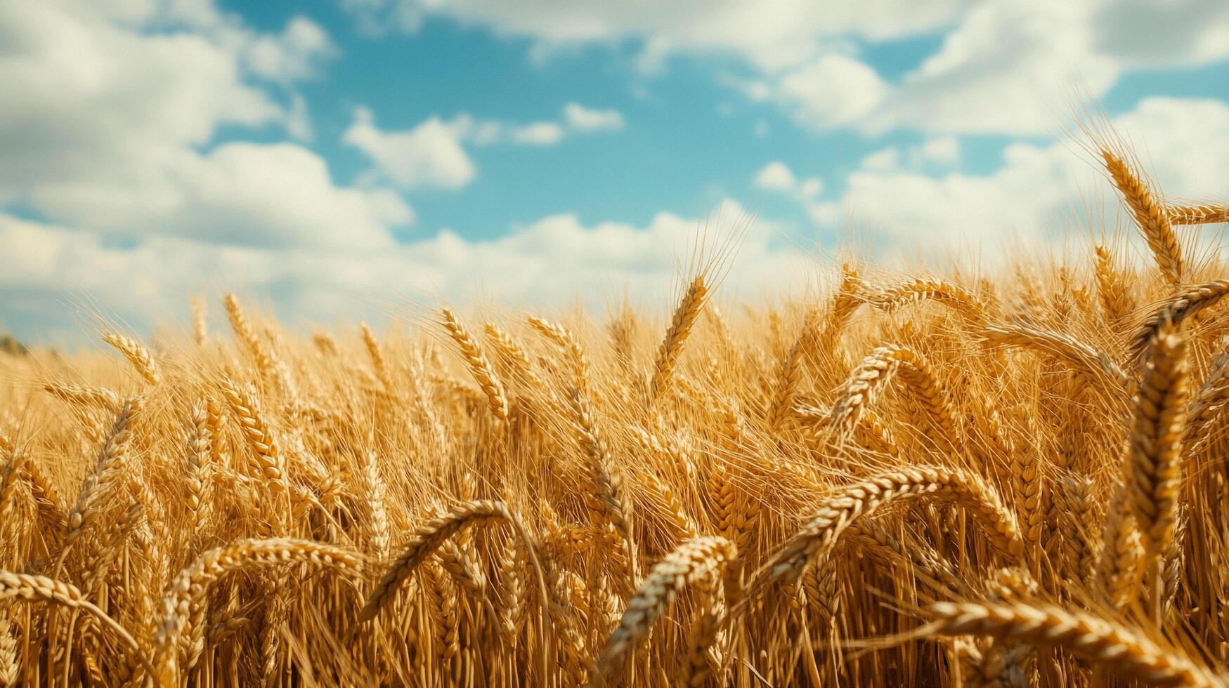 Golden wheat field sways gently under a bright blue sky dotted with fluffy clouds. The sun-kissed grains promise a bountiful harvest. photo