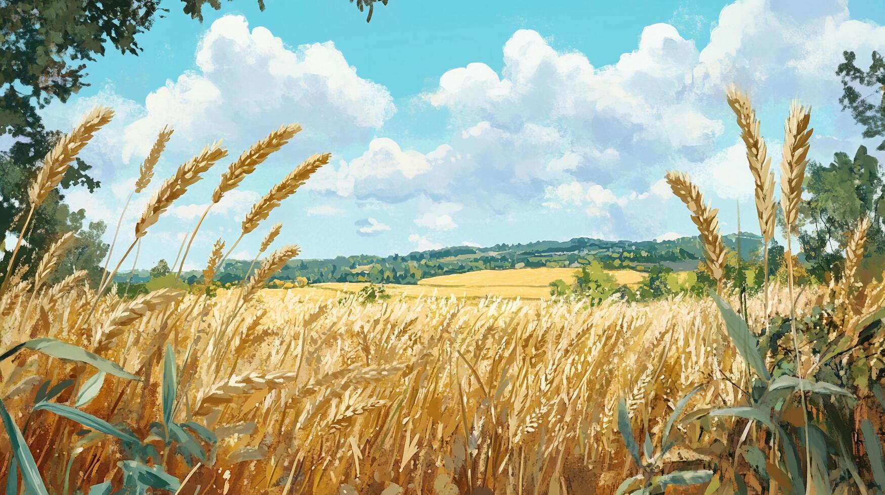 A golden field of wheat under a bright blue sky with fluffy white clouds, captured in a vibrant, painterly style in rural countryside. photo