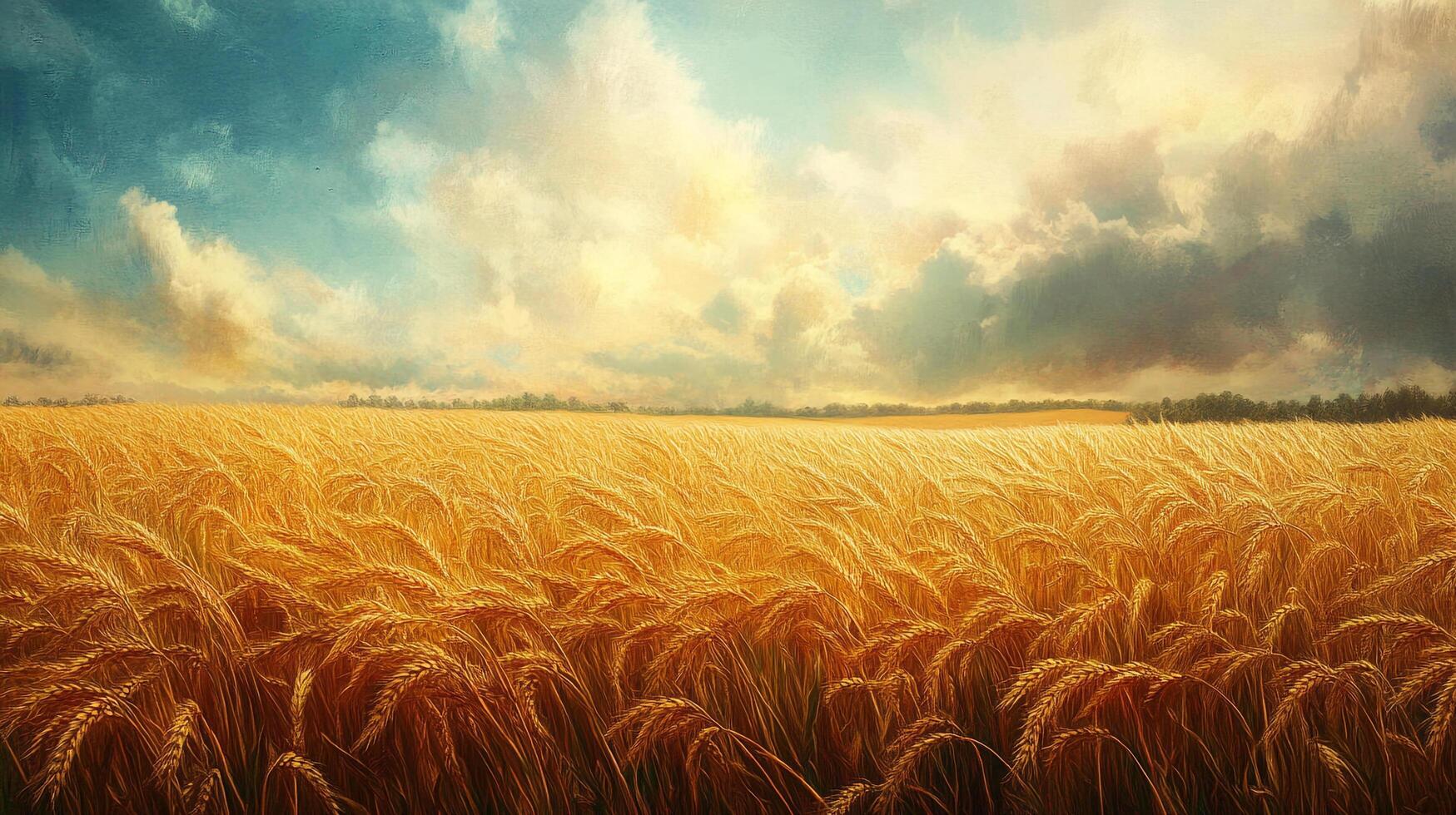 Vast wheat field under a sky painted with sunlight and looming clouds, evoking feelings of harvest, abundance, and nature's power. photo