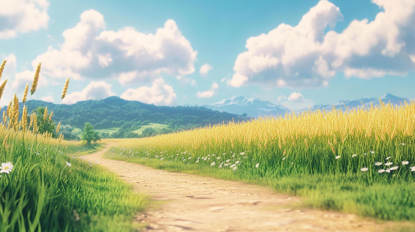 A scenic path through a field of wheat, leading towards distant hills and mountains under a bright blue sky with fluffy white clouds. photo