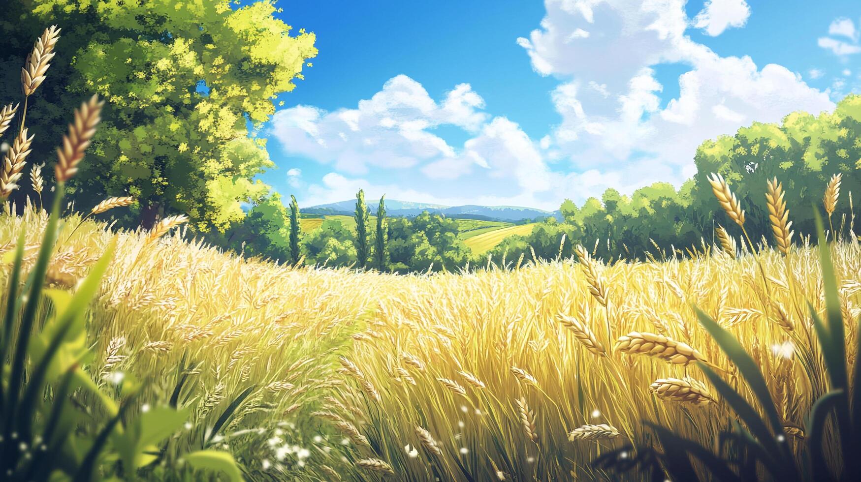 Scenic wheat field with a bright blue sky dotted with fluffy white clouds, set against a backdrop of rolling hills and lush green trees. photo