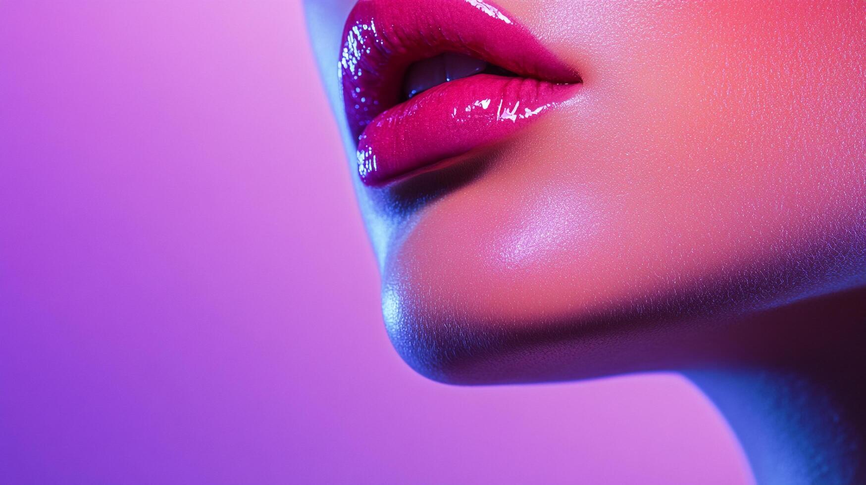 Close-up of glossy magenta lips. Perfect pout with shimmering skin. Modern, edgy aesthetic with vibrant colors and a touch of allure. photo