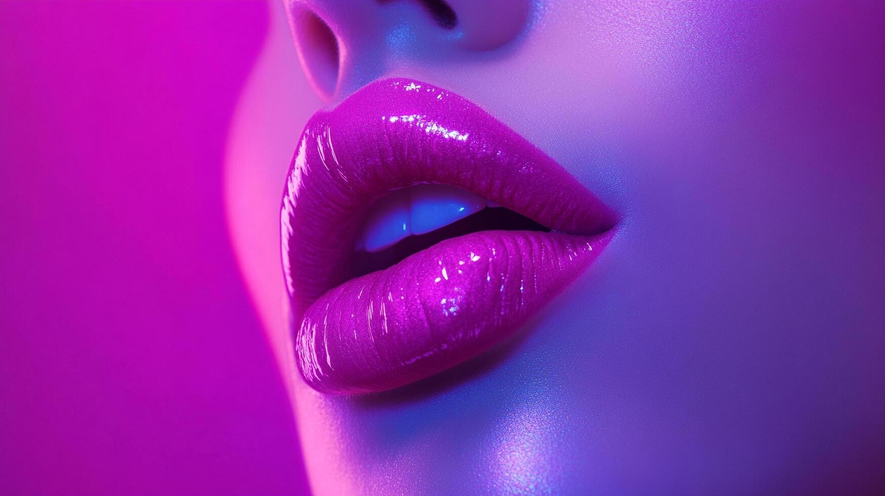 Close-up of a woman's face with vibrant, glossy fuchsia lips, illuminated by neon pink and blue lighting for a modern, artistic effect. photo