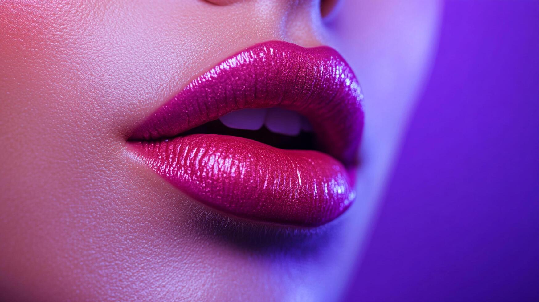 Close-up of lips with vibrant fuchsia lipstick. A hint of teeth peeks through, illuminated by soft, colorful lighting on the skin. photo