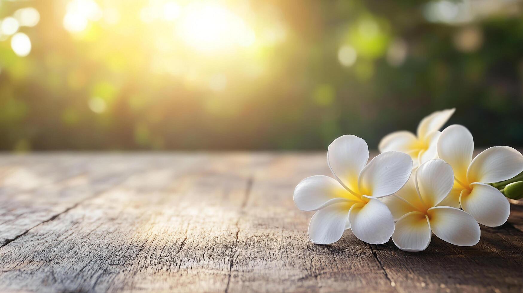 White petals with yellow centers resting on aged wood. A blurred green background is lit with natural sunlight and bokeh highlights. photo