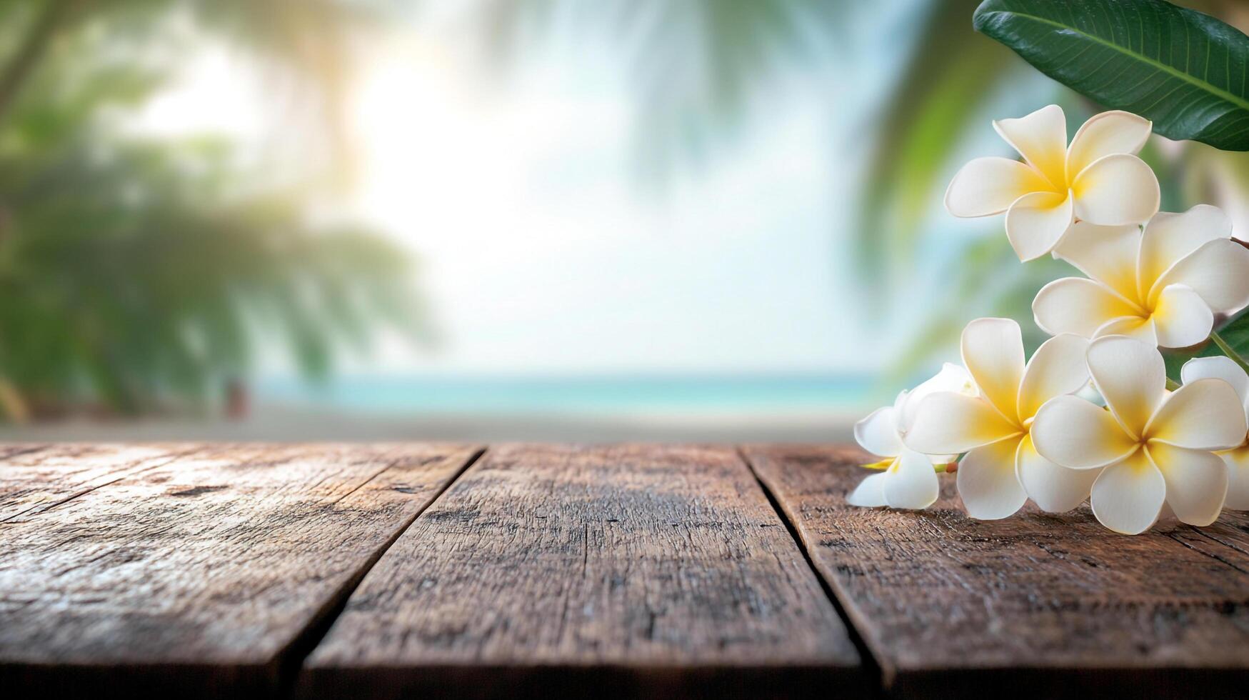 Tropical escape with plumeria blossoms on weathered wood, ocean backdrop. Serene island vibes, perfect for relaxation and vacation dreams. photo