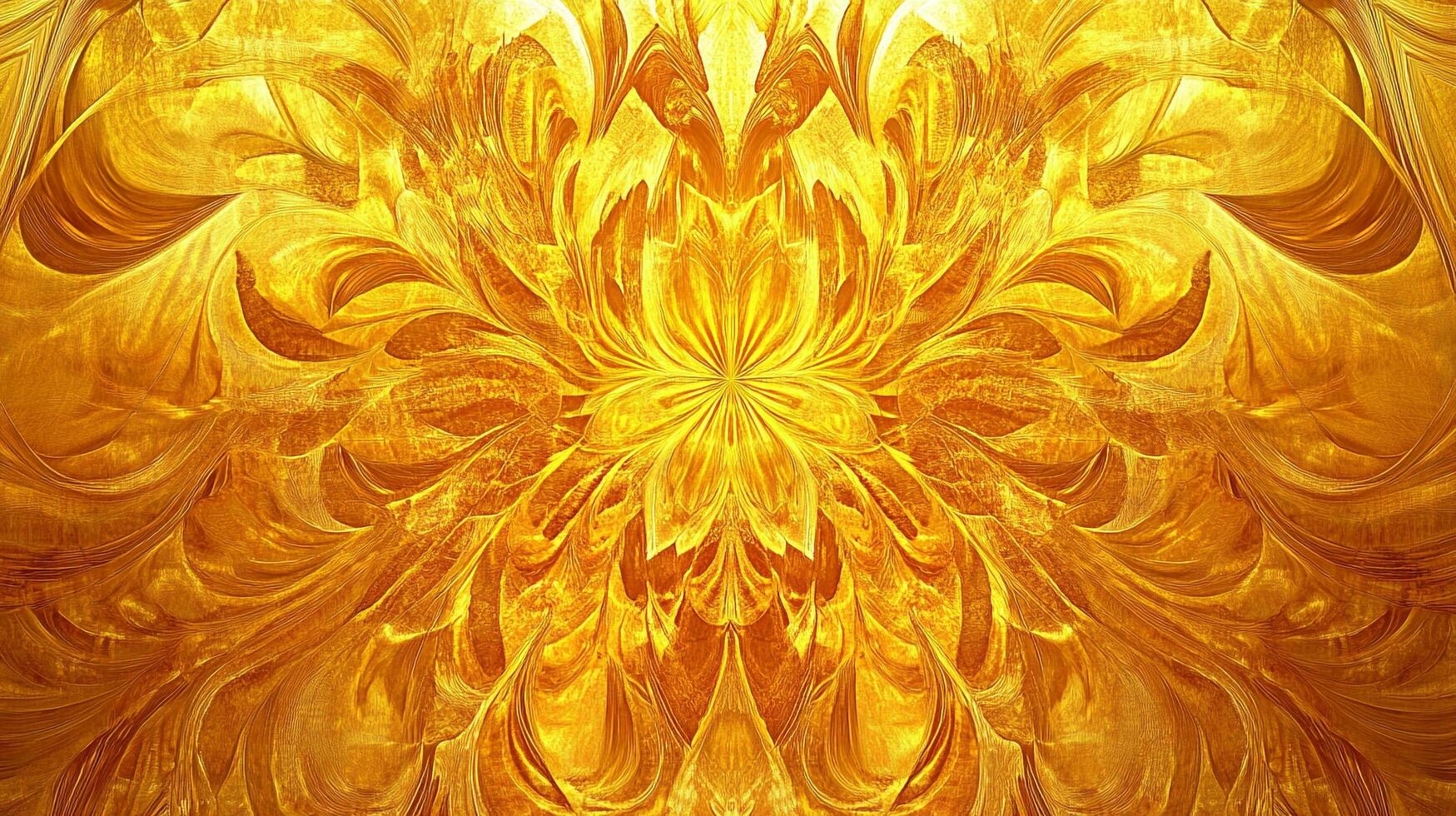 An intricate golden fractal art piece featuring symmetrical patterns and a central floral design, radiating light and warmth from within. photo