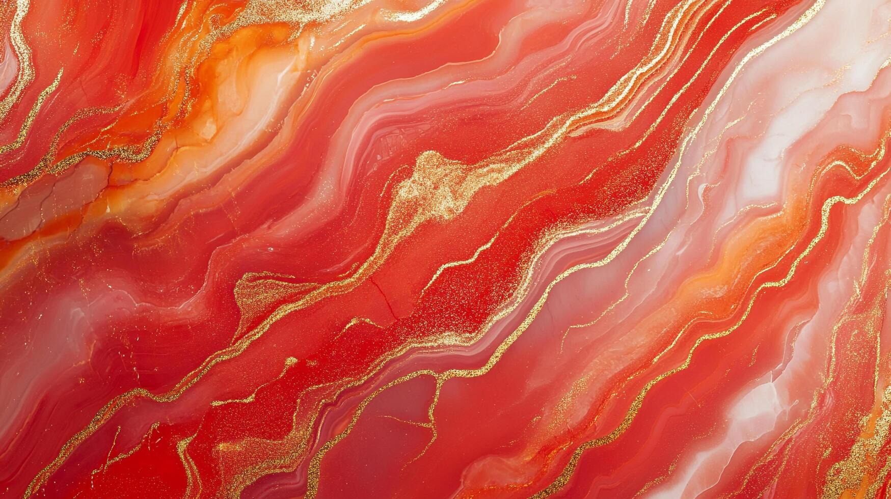 Fiery abstract art with swirling red, orange, and white hues accented by shimmering gold veins. Decorative texture for various projects. photo