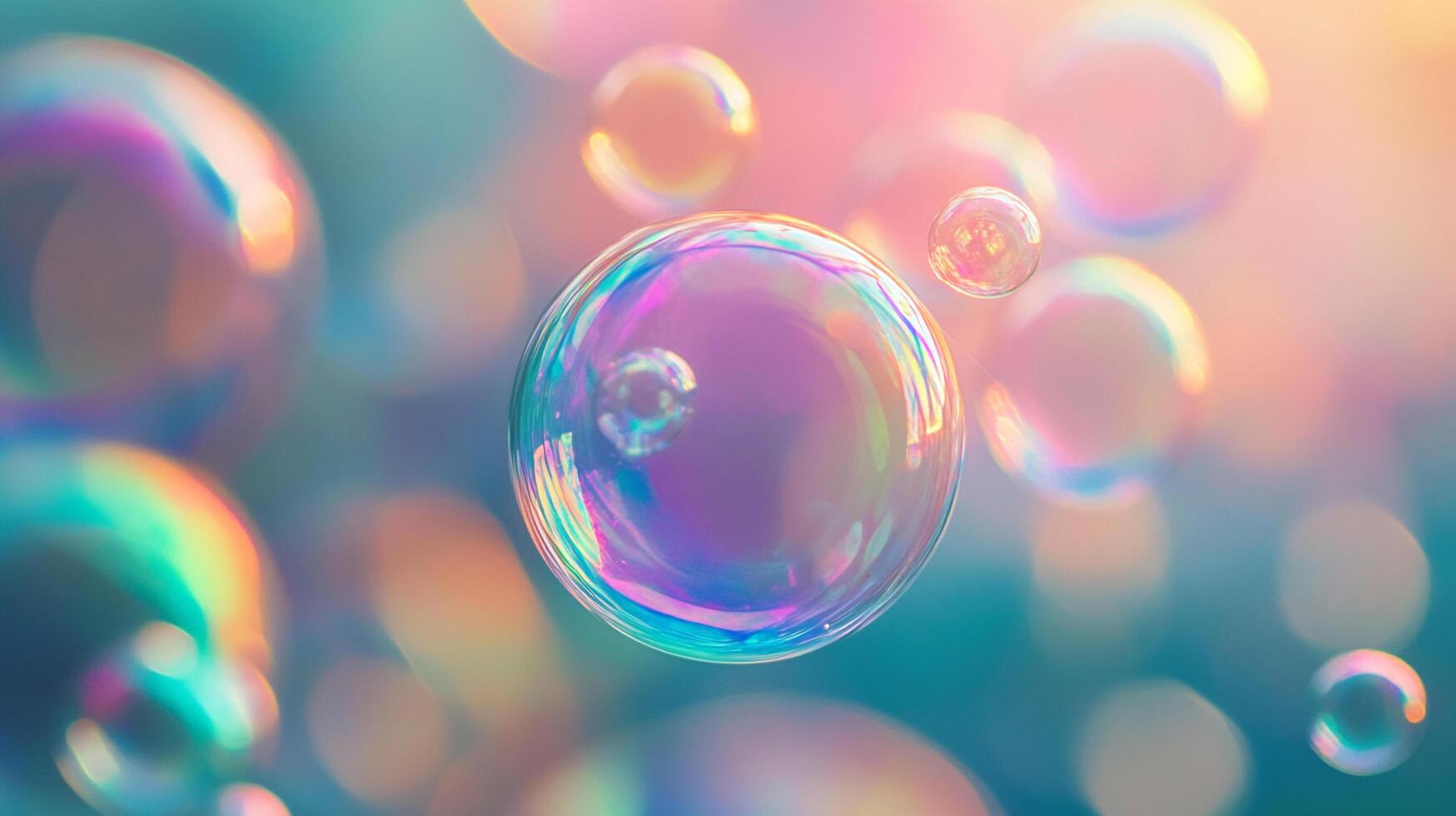 Iridescent bubbles floating serenely, showcasing vibrant colors in dreamy soft light. Ethereal, mesmerizing, playful atmosphere, delicate beauty. photo