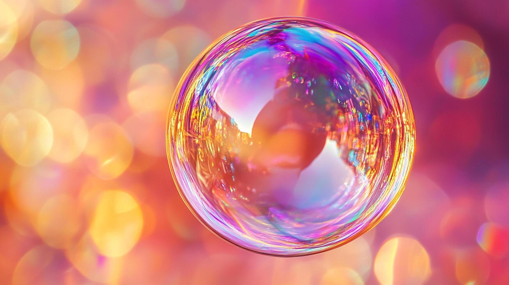 An iridescent bubble floats against a bokeh background. The swirling colors catch the light, creating a captivating, ethereal effect. photo