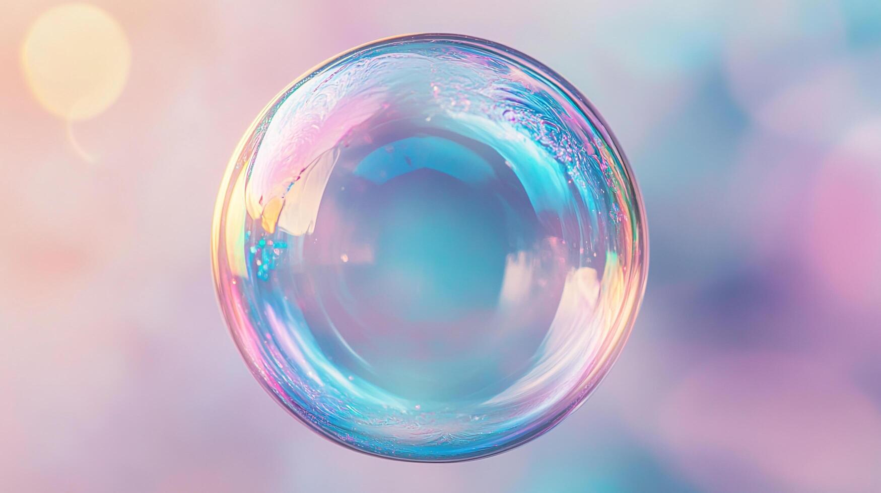 Floating iridescent sphere reflects soft pastel colors. A mesmerizing dance of light and form creating a dreamlike abstraction. photo