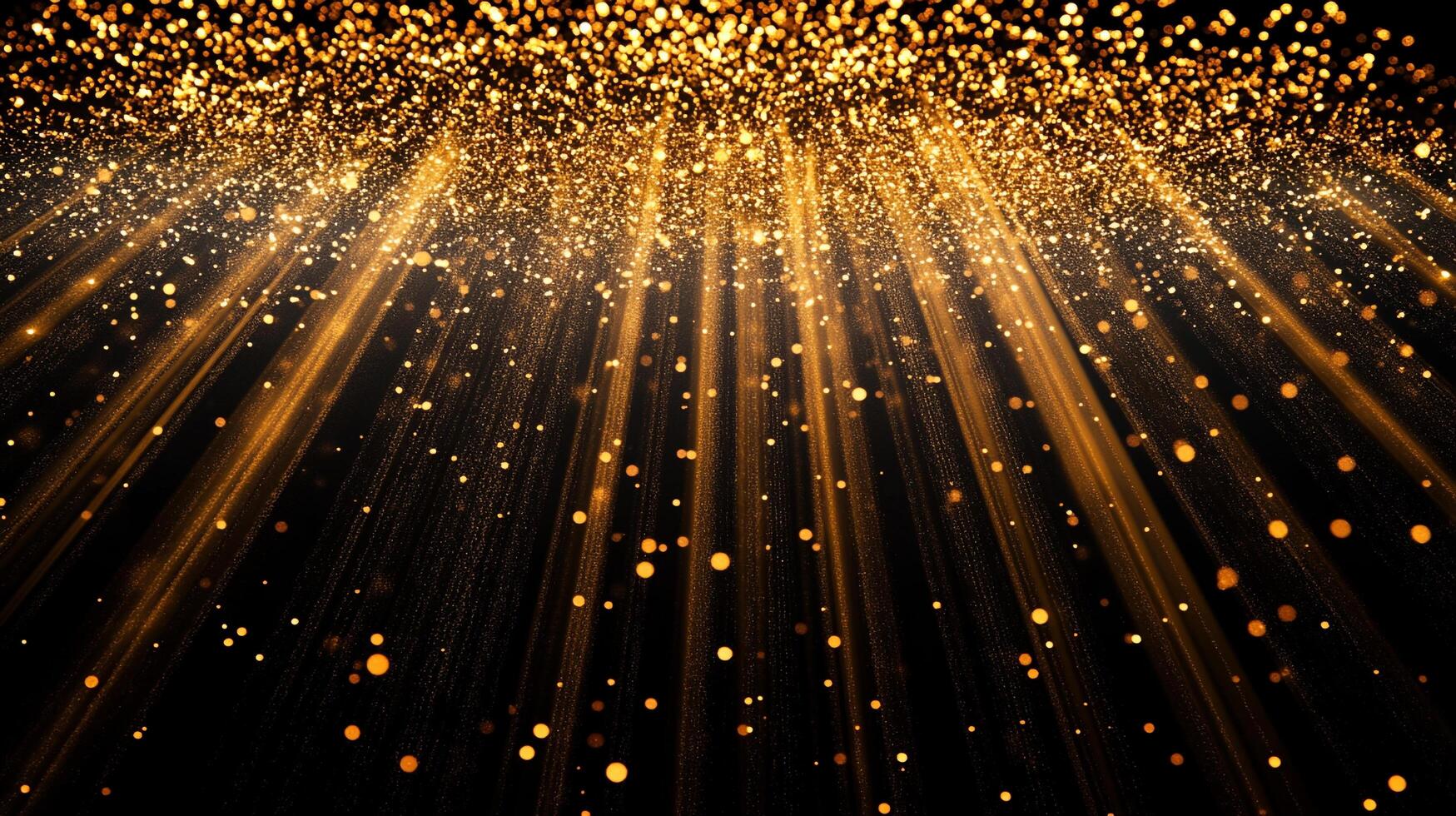 Golden light rays descend through a shower of shimmering particles, illuminating a black backdrop with warmth and elegance. Sparkle background. photo