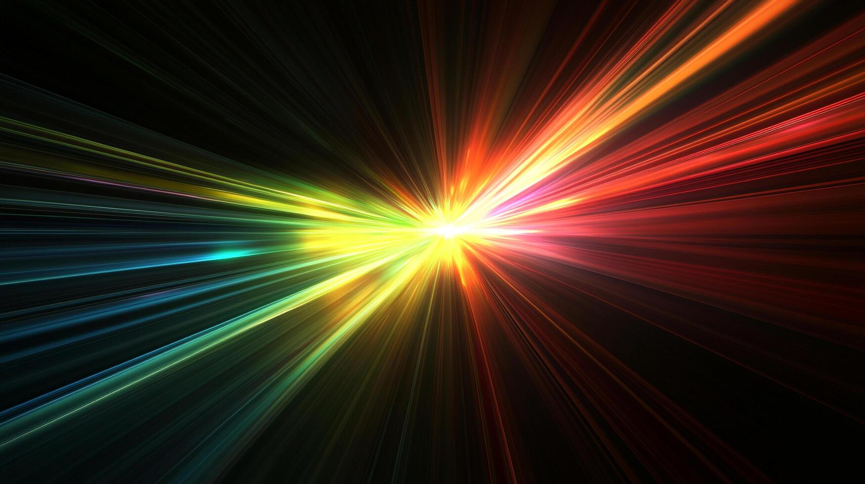 Abstract light streaks emanating from a central point, blending vibrant colors like yellow, red, blue and green against a dark background. photo