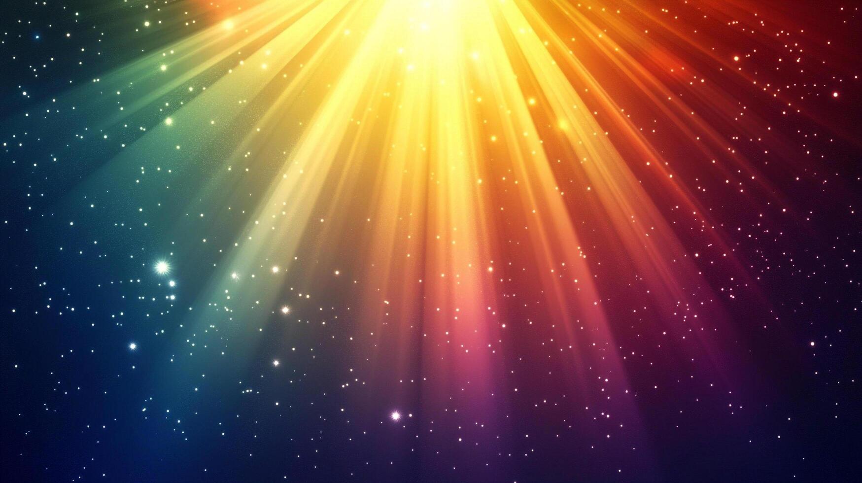 Vibrant light rays descend upon a dark, starlit expanse, casting an ethereal glow with varied colors and a myriad of shimmering points. photo