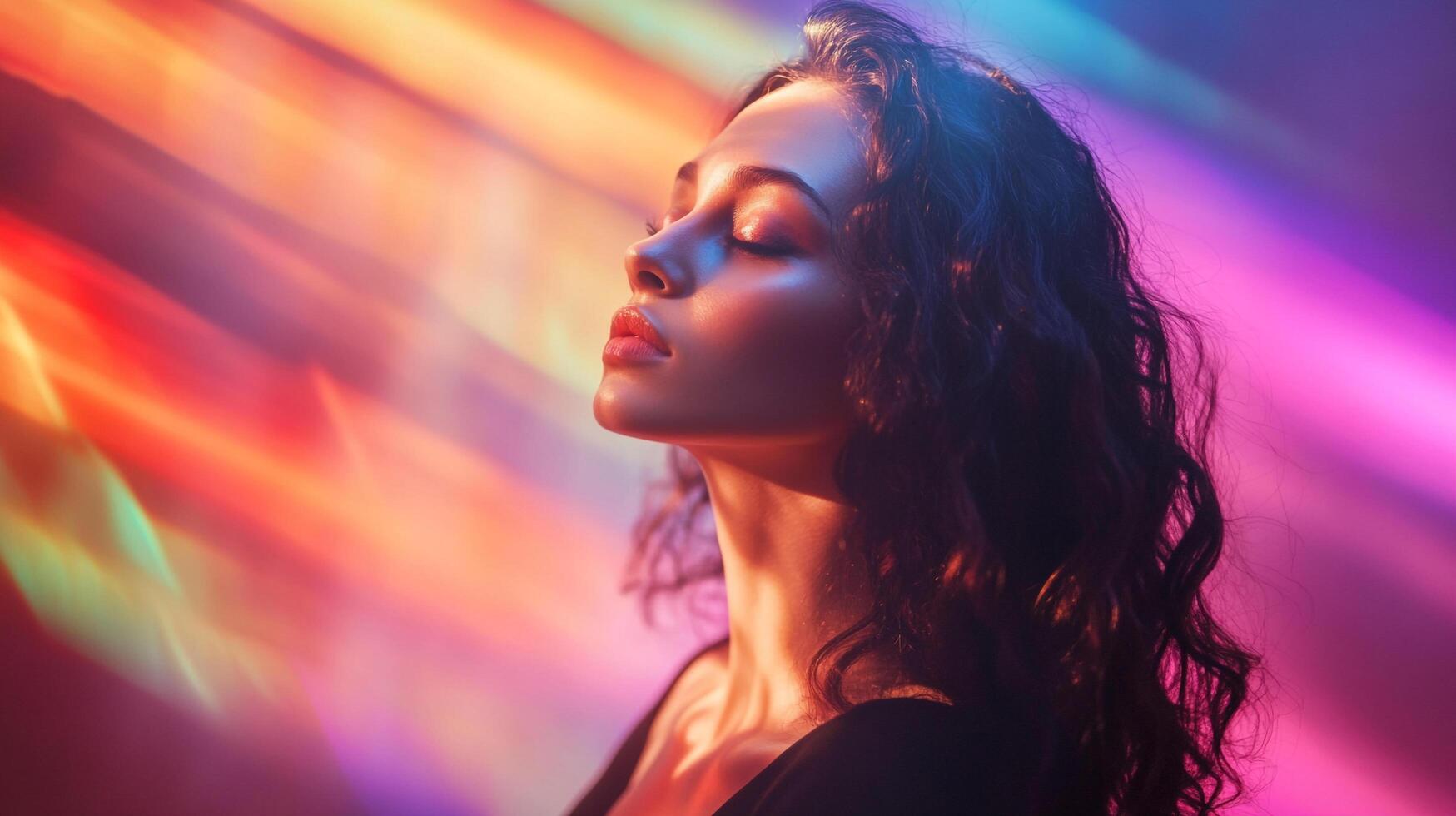 Woman basking in vibrant, refracted light. An ethereal portrait evokes serenity, illuminated by a spectrum of colors. Timeless beauty. photo