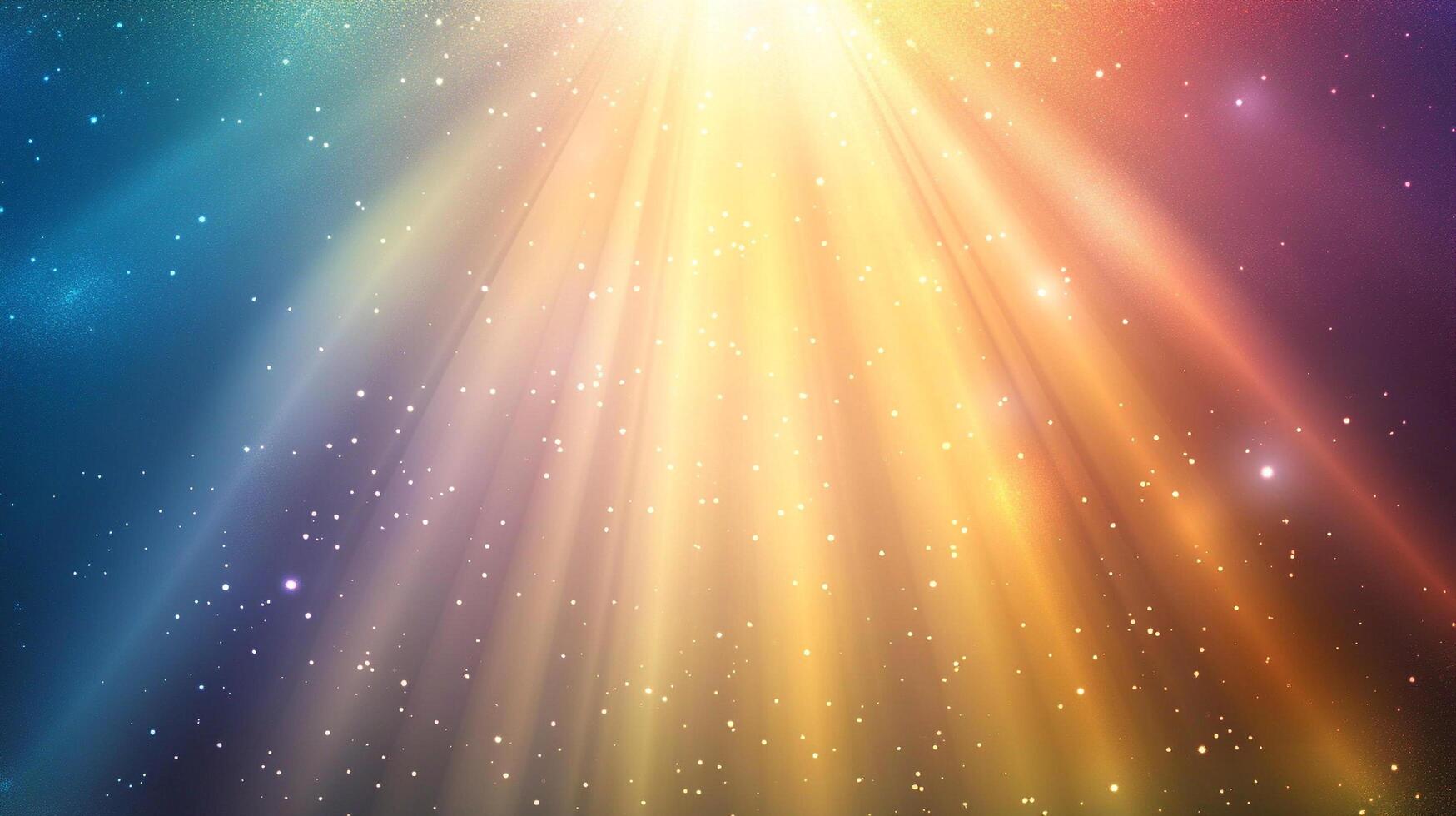 Radiant light streams down, illuminating a multicolored space with scattered specks of glitter in an ethereal, dreamy ambiance. photo