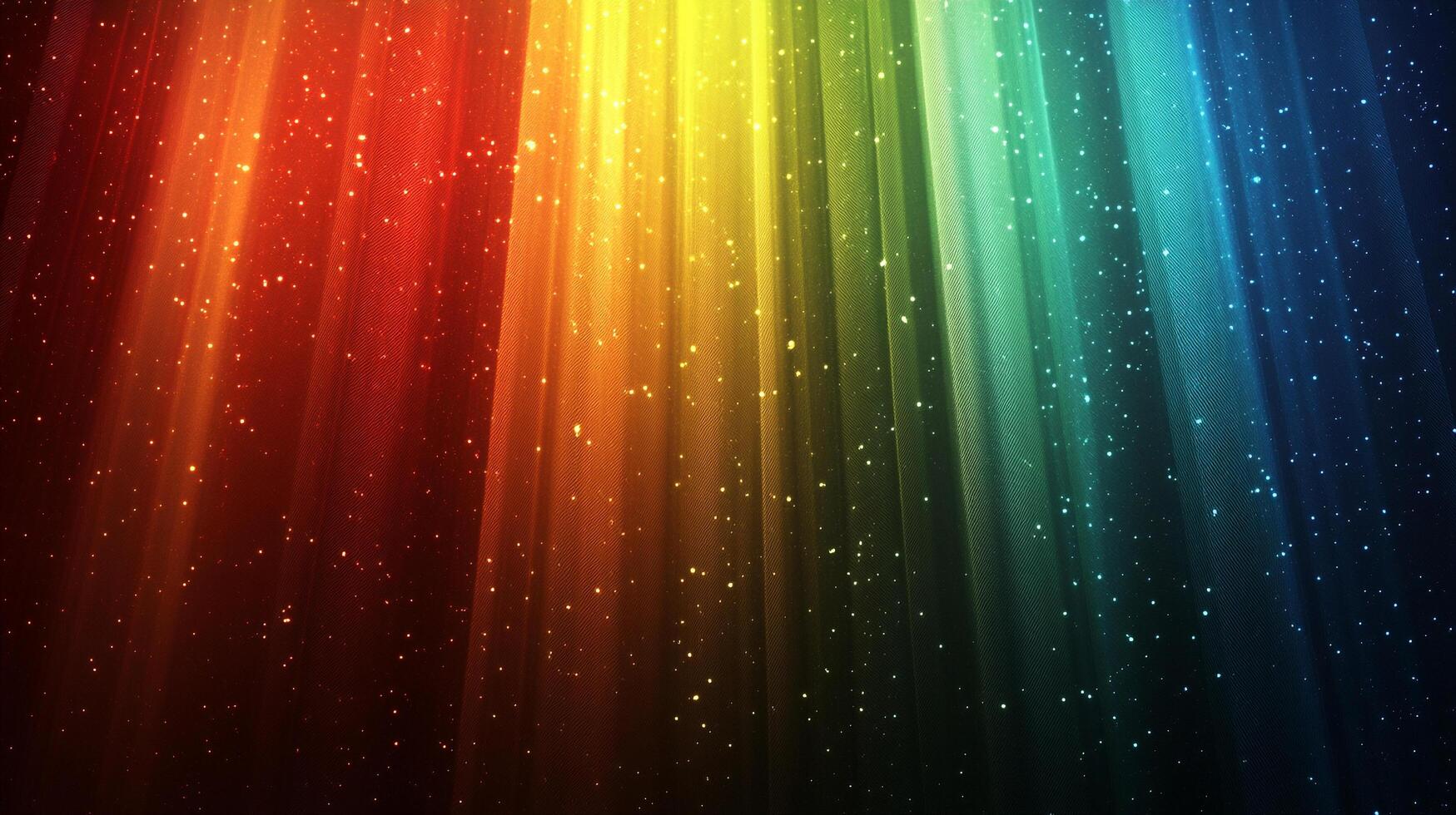 Colorful light rays with glittering specks, ranging from red to blue, create a vibrant and ethereal atmosphere against a dark background. photo