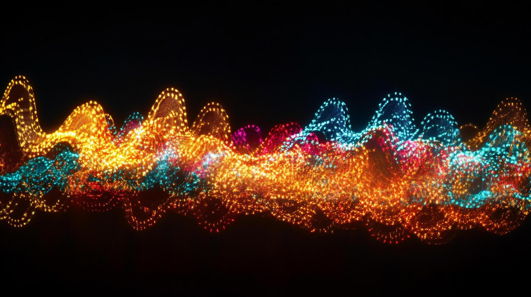 Dynamic waves of vibrant, glowing particles create an abstract, flowing artwork against a dark background. Energy radiates from the composition. photo