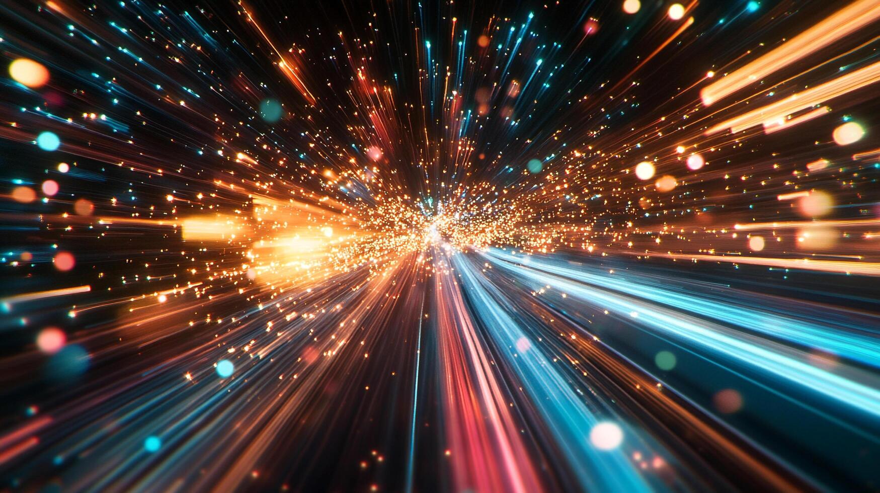 Streaks of light converge in a vibrant explosion of color, creating a dynamic and energetic visual effect symbolizing speed and connectivity. photo