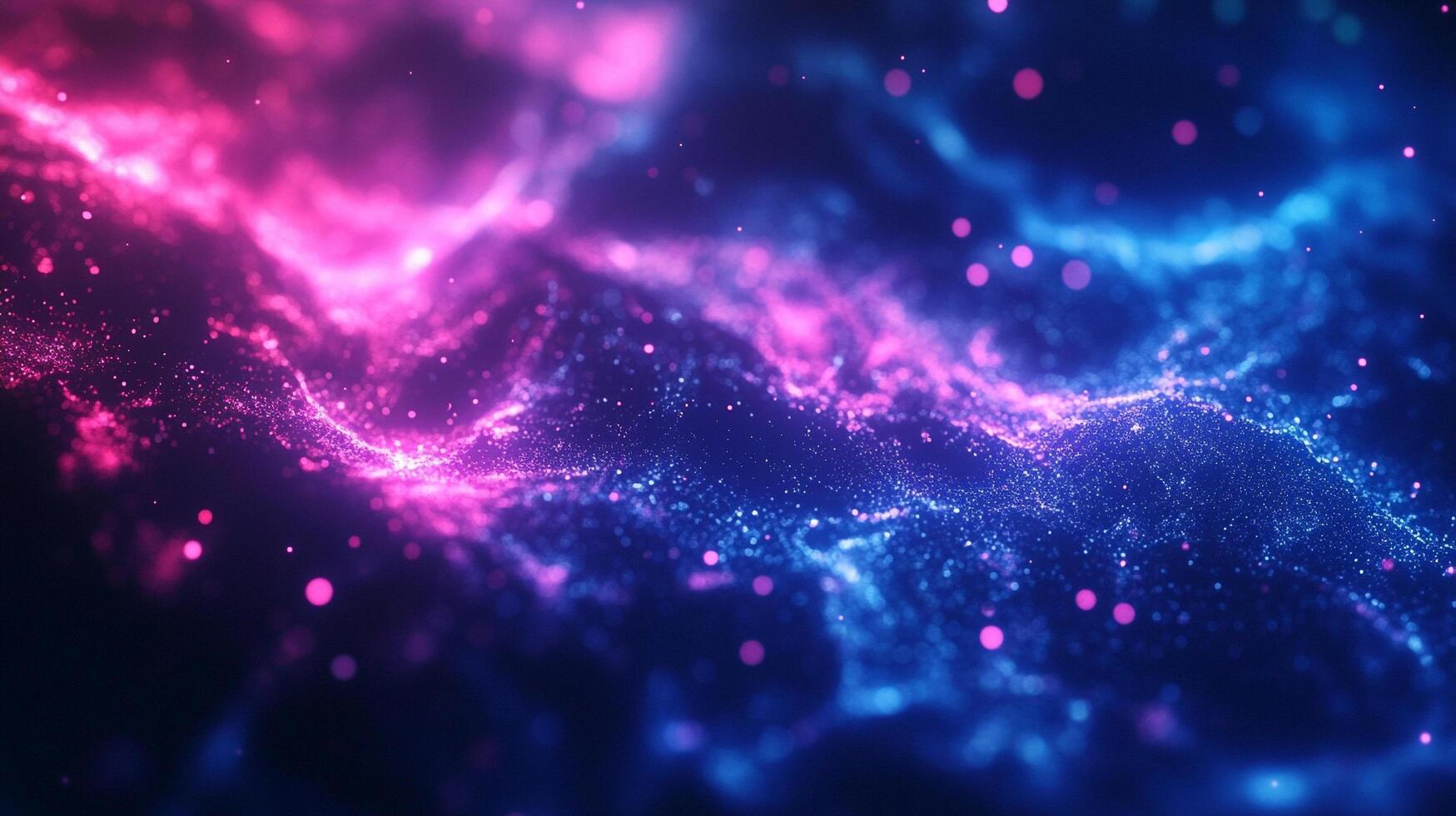 An abstract cosmic scene with nebulae, stars, and swirling light formations in purple, pink, and blue hues against a dark space backdrop. photo