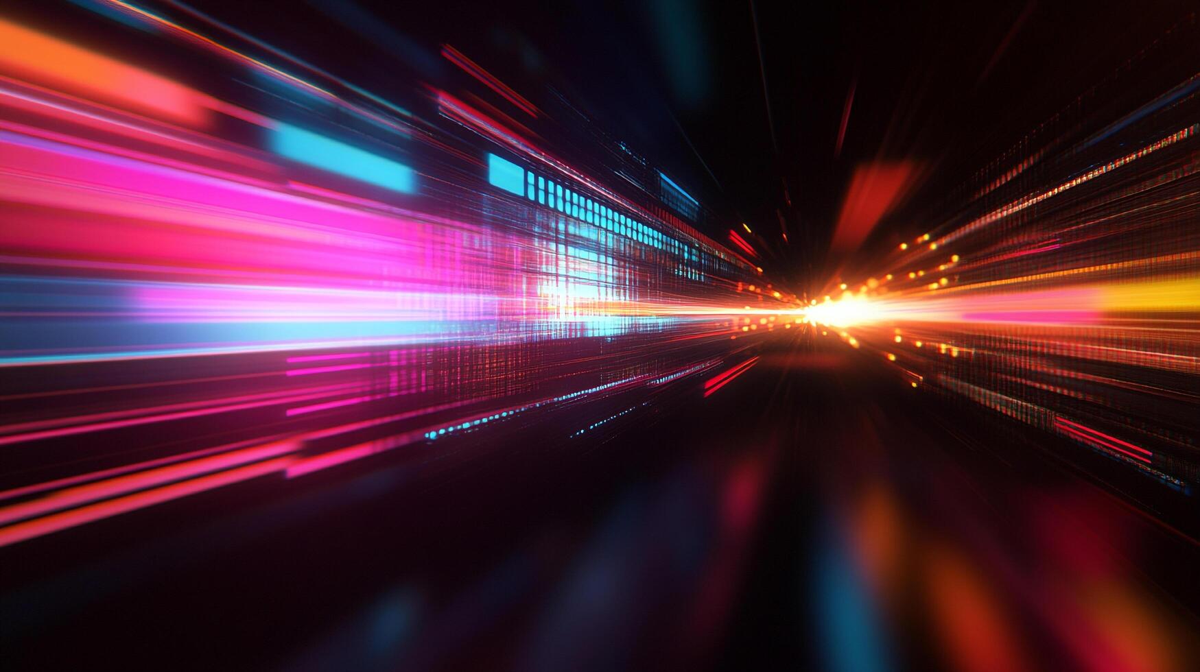 Abstract speed lines radiate in a dynamic visual display, with vibrant pink, blue, and orange hues illuminating the dark space. photo