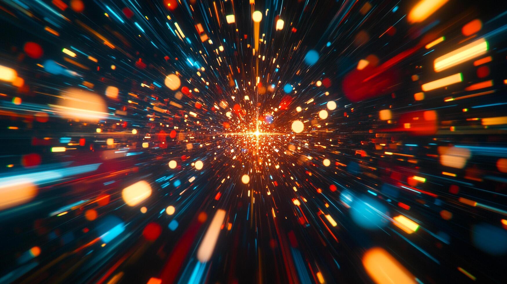 Abstract light streaks converge towards a central point creating a sense of speed, energy, and futuristic motion, illuminating the dark space. photo