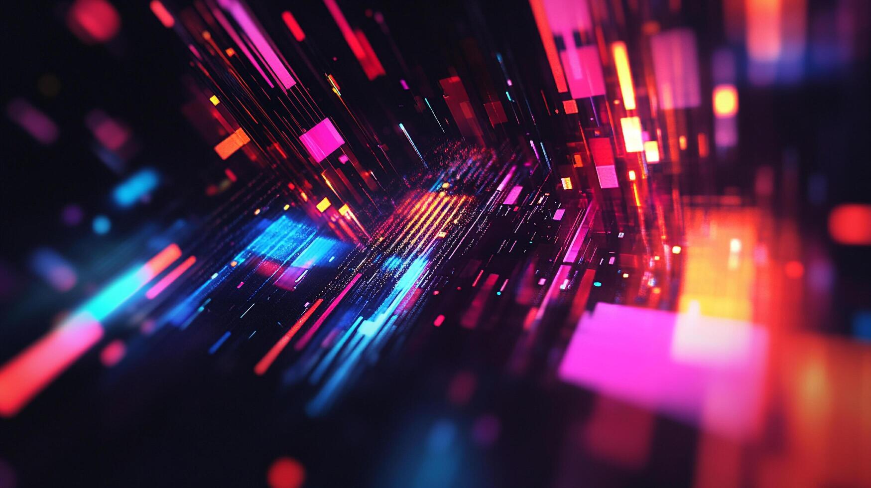 Abstract digital data streams flowing through a network, represented by colorful lights and geometric shapes against a dark background. photo