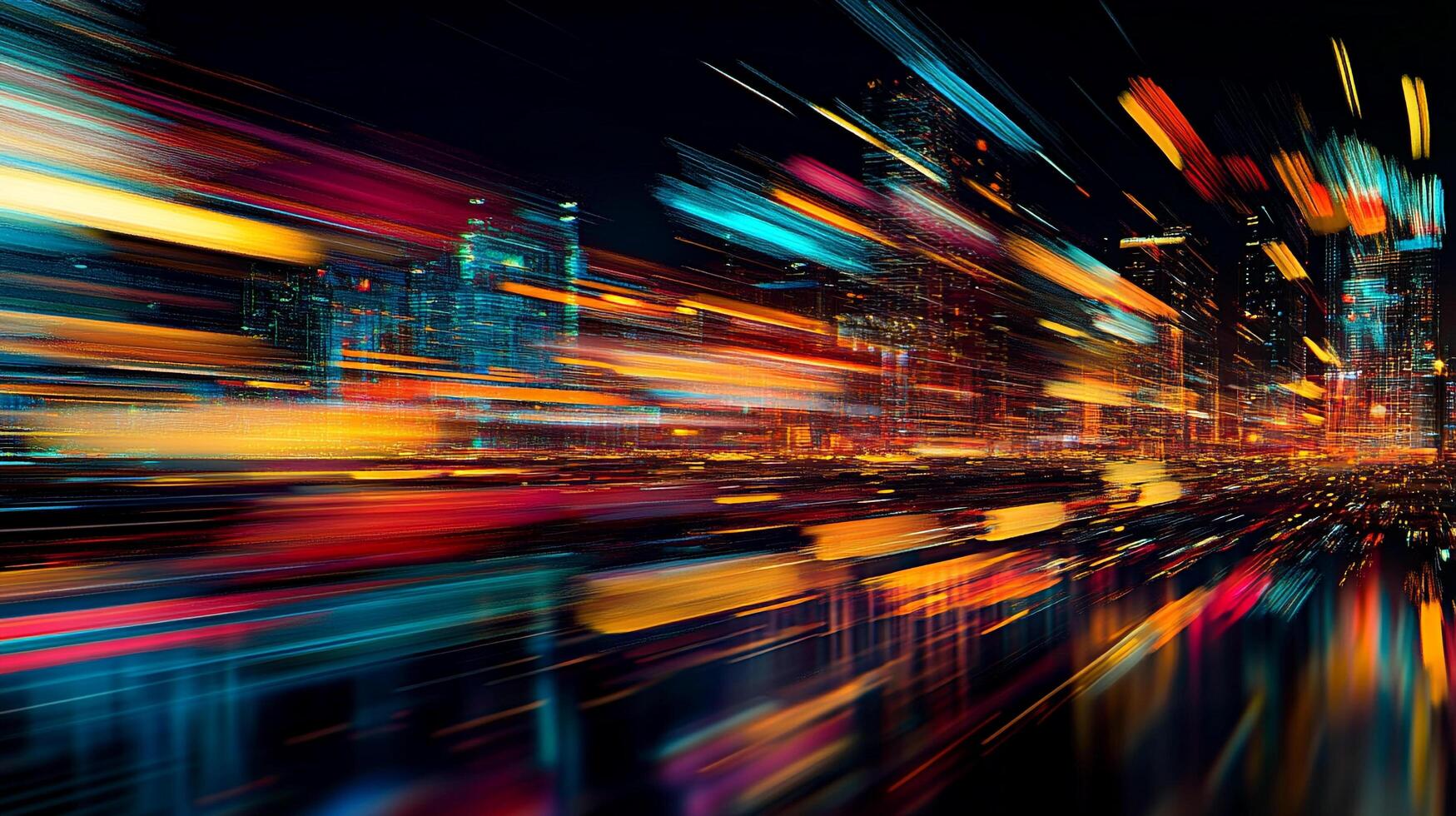 Vibrant city lights streak and blur, creating a dynamic, abstract cityscape at night with motion and illumination. photo