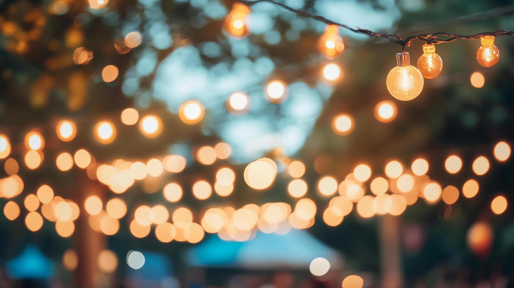 Outdoor lighting sets a warm ambiance. Festive string lights illuminate, casting a soft glow over an evening gathering. Soft focus atmosphere. photo