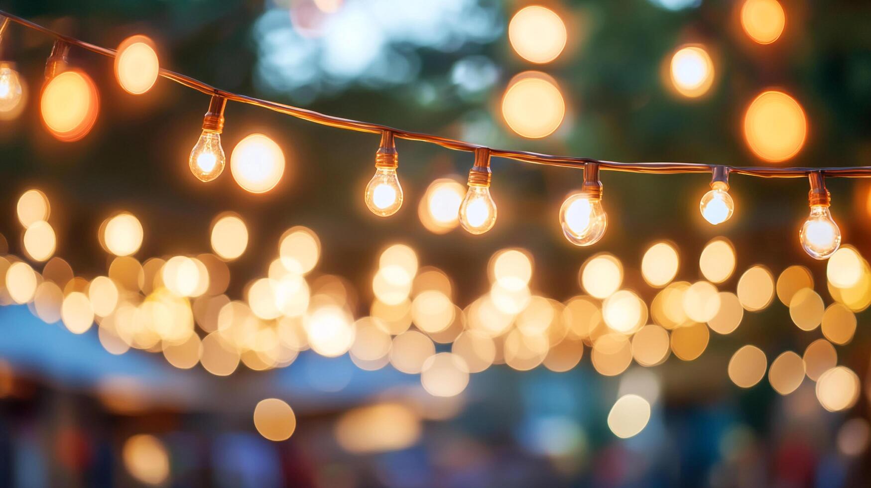 String lights create a warm and festive ambiance. Bokeh light points decorate the scene, adding a soft glow to the setting. photo