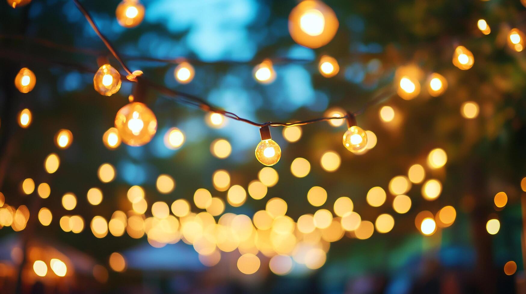 Warm string lights create a festive atmosphere, softly illuminating a gathering beneath a canopy of trees at dusk, casting a golden glow. photo
