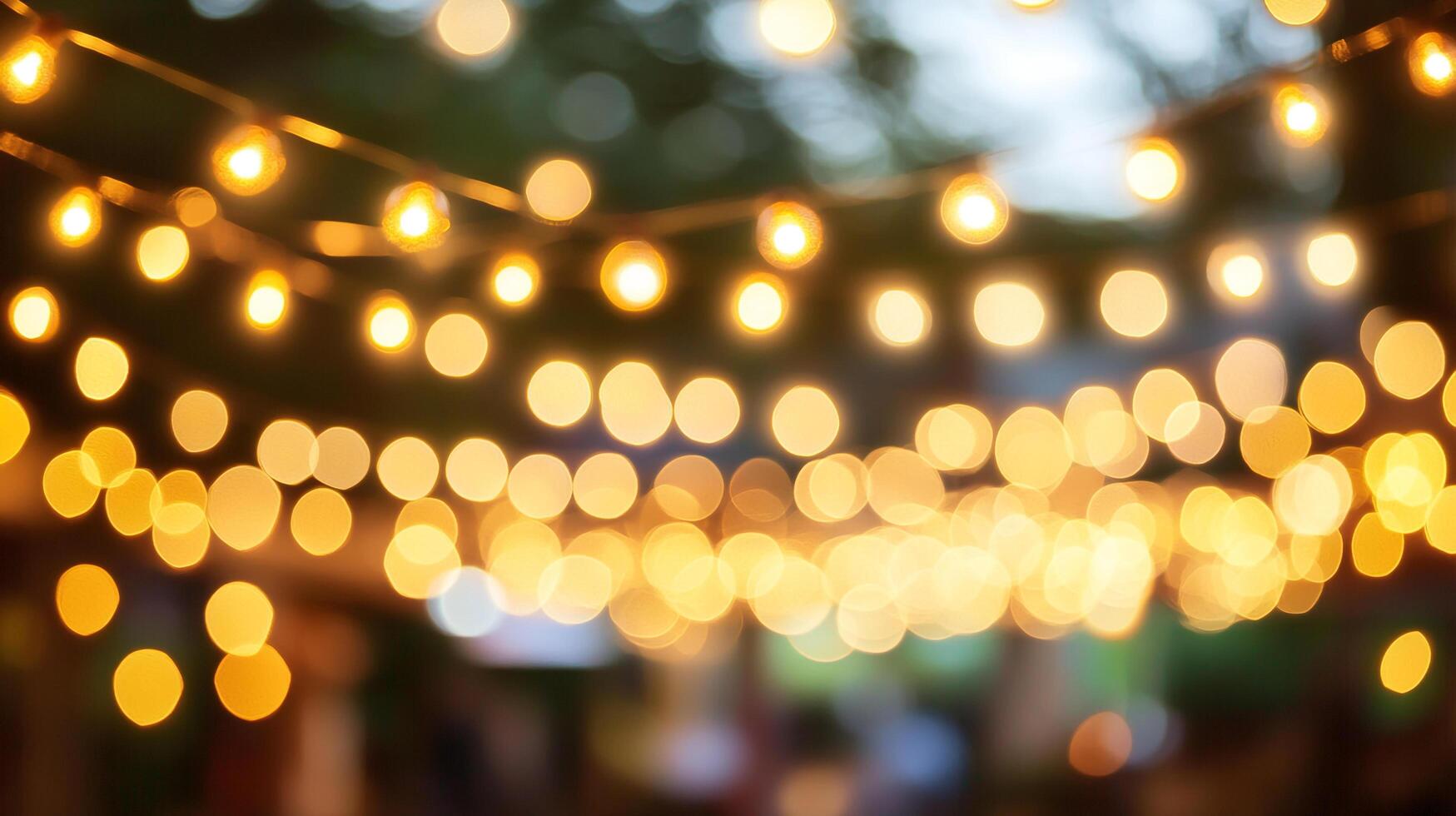 Blurred festive string lights glow softly, creating a warm, inviting ambiance for any celebration or outdoor gathering space. photo