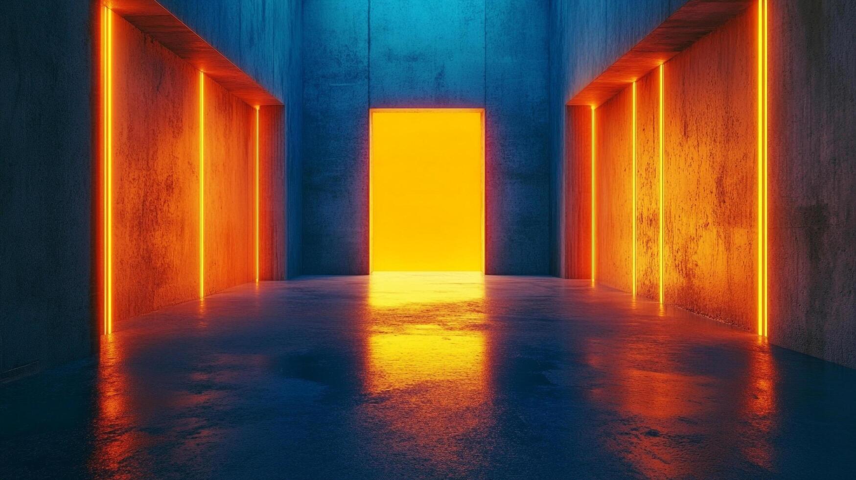 Futuristic hallway with neon lights and a bright doorway at the end, creating a sense of mystery and intrigue in the scene. photo