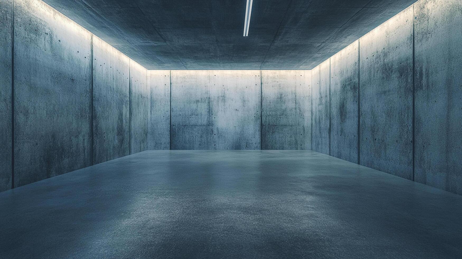 An empty, boxy structure made of concrete. The walls are a dark, gray color and the space is lit by a row of lights along the top. photo
