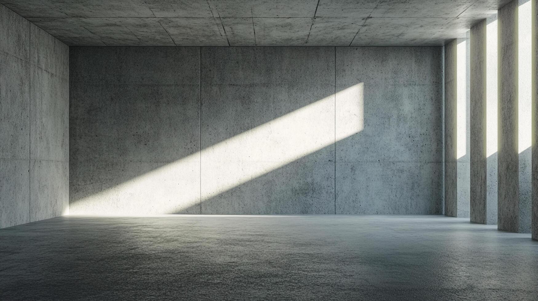 Minimalist concrete room with sunlight streaming through vertical openings, casting shadows and illuminating the interior space. photo