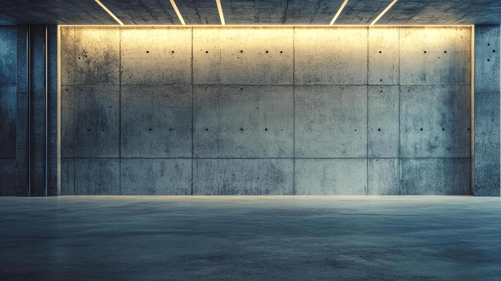 Modern concrete interior with sleek lines, ambient lighting, and minimalist design, creating an open and industrial atmosphere. photo