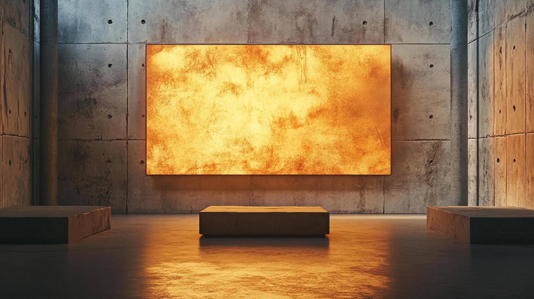 Modern art installation in a concrete gallery with a textured, lit panel, casting a warm glow on minimalistic platforms. Simple and striking. photo