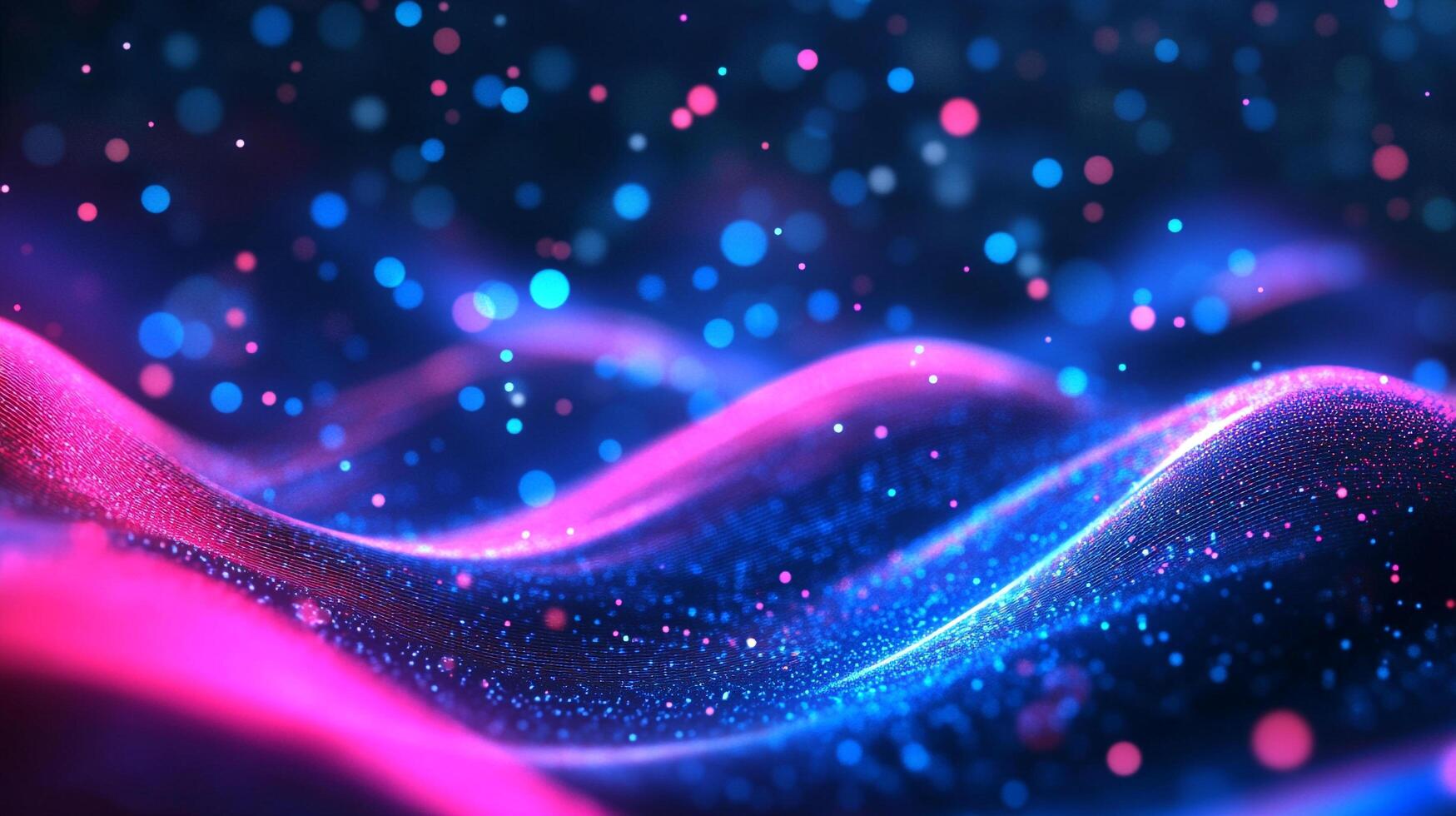 Abstract digital landscape of flowing, glowing neon waves with a dark background of blurred bokeh lights and vibrant pink and blue hues. photo