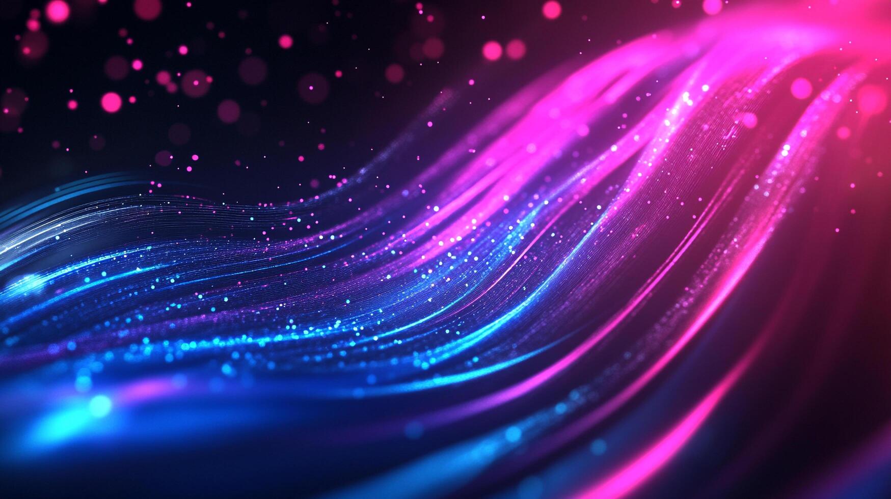 Abstract light trails flow in vibrant pink and blue hues, creating a dynamic and modern design with glowing particles in a dark background. photo