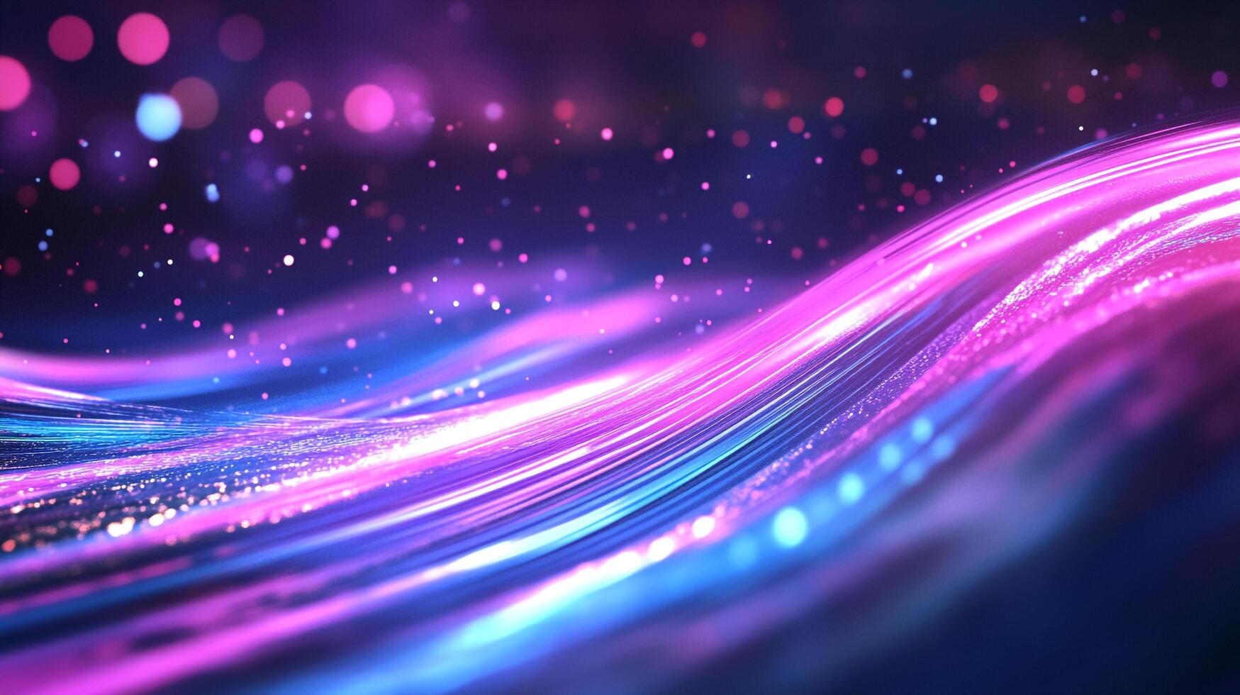 Vibrant light streams in neon hues of purple and blue create an abstract wave pattern with glowing particles. A colorful abstract design. photo