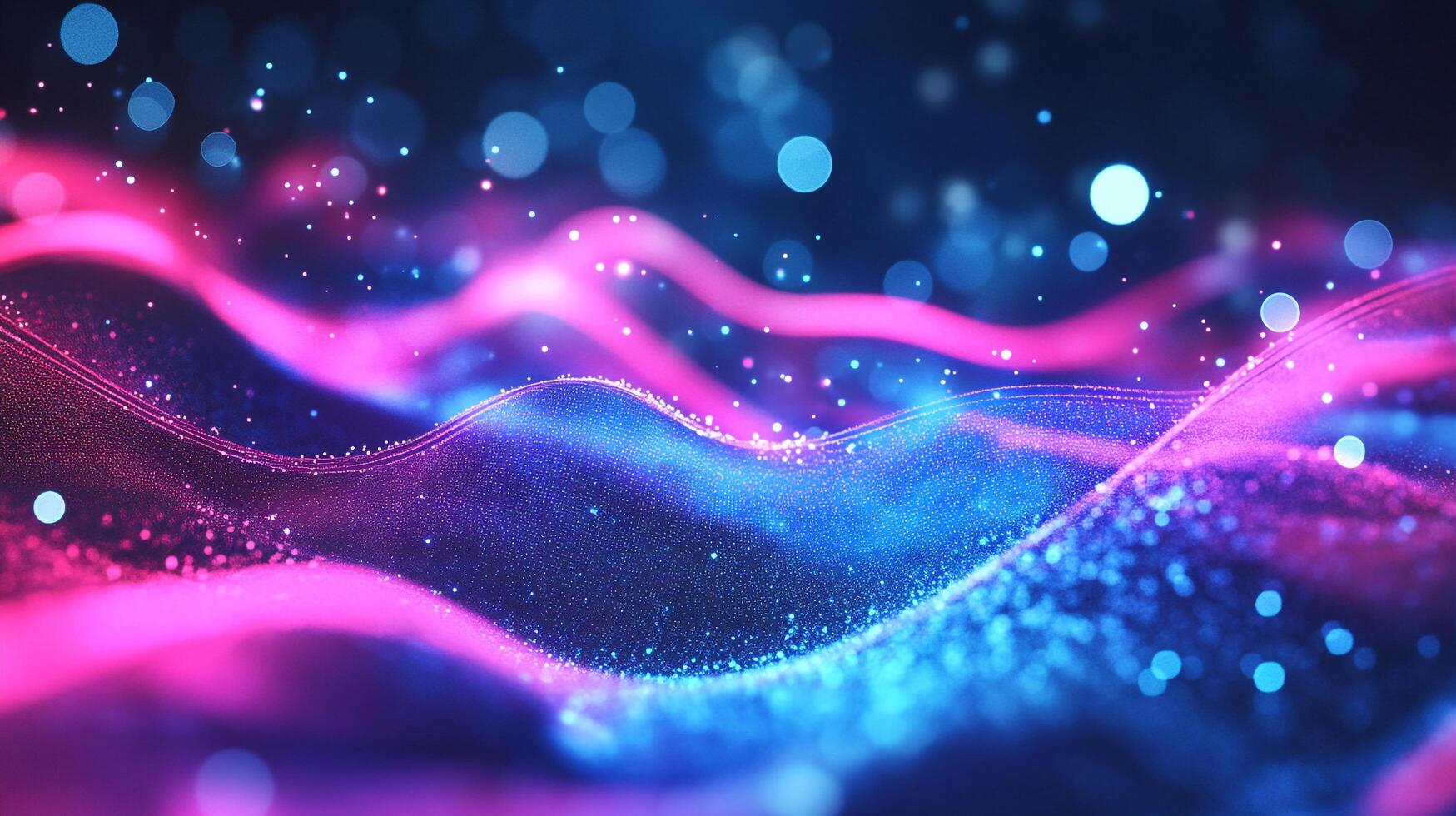 A vibrant, abstract background with flowing waves of pink and blue, accented by sparkling light particles. A colorful digital flow. photo