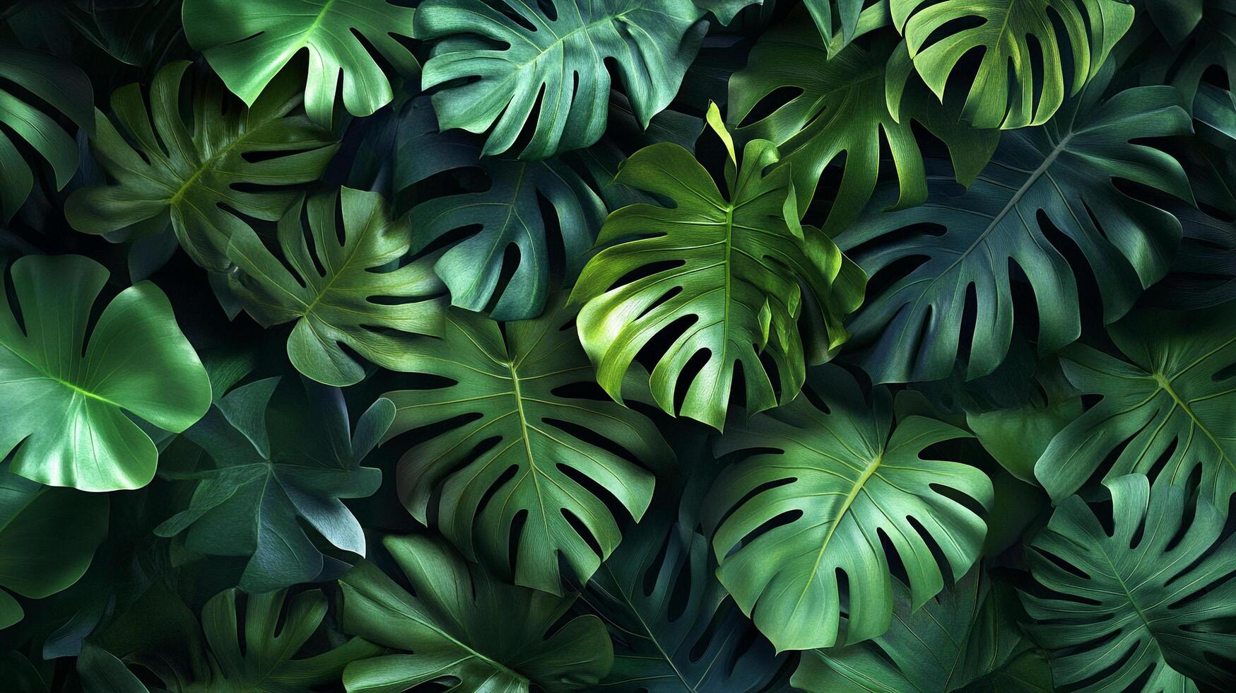 Lush green Monstera leaves create a dense tropical foliage background. The iconic split leaves are vibrant and inviting. photo