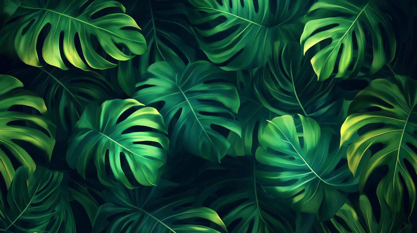 Lush green Monstera leaves create a dense tropical pattern, highlighted by light and shadow. An exotic, botanical artwork. photo