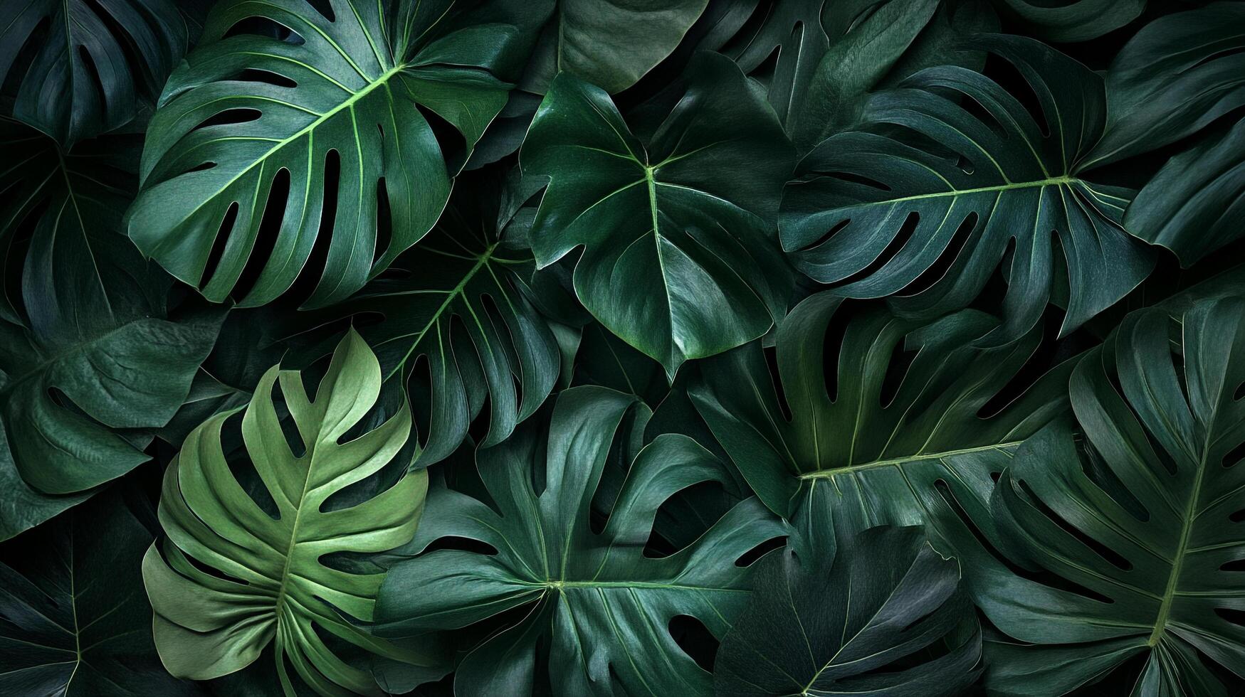 Lush monstera leaves create a vibrant, tropical backdrop. Deep greens and intricate leaf patterns evoke nature's beauty and tranquility. photo