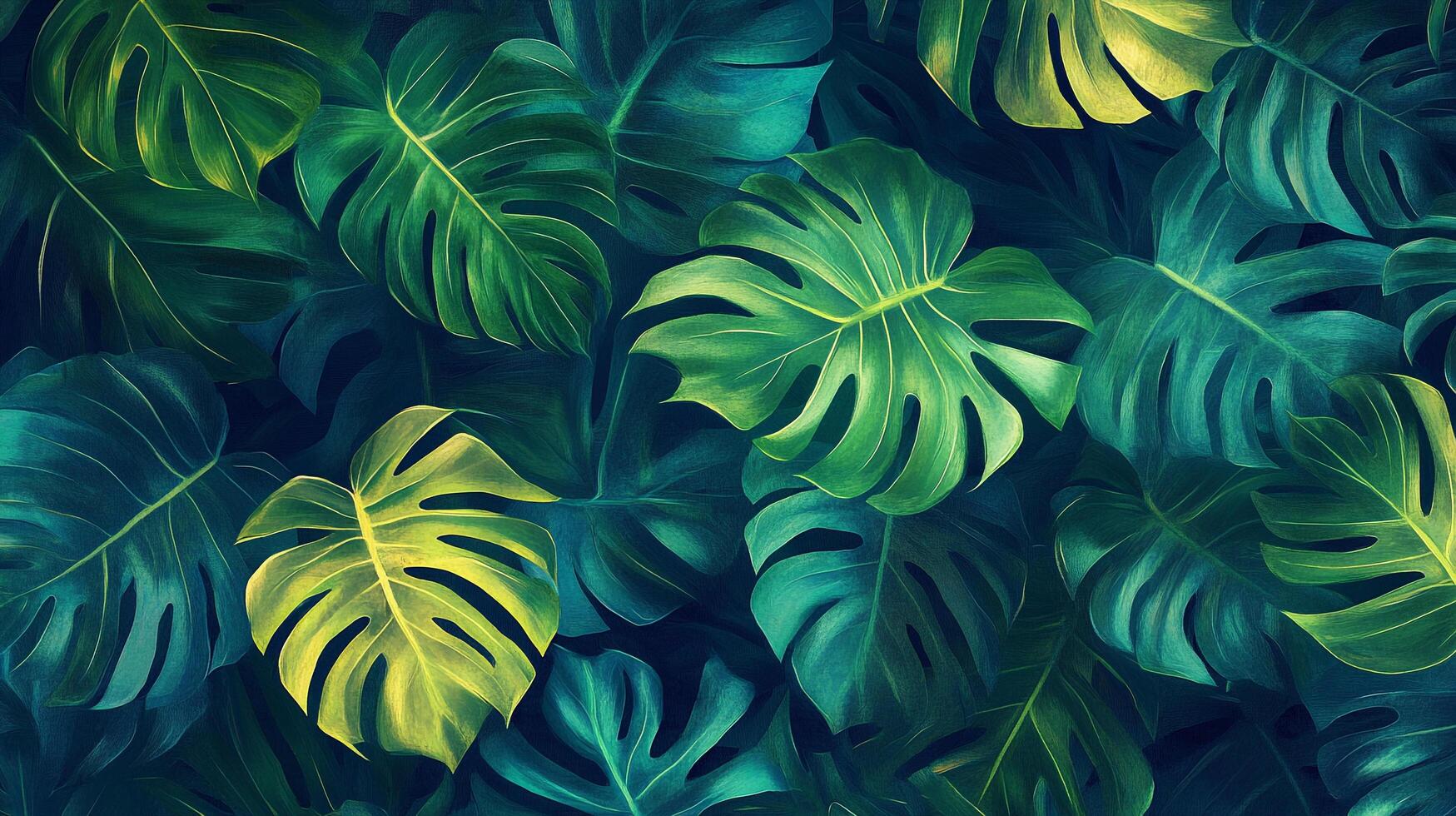 Lush green monstera leaves create a vibrant, tropical background. The varying shades of green provide a natural and calming aesthetic. photo