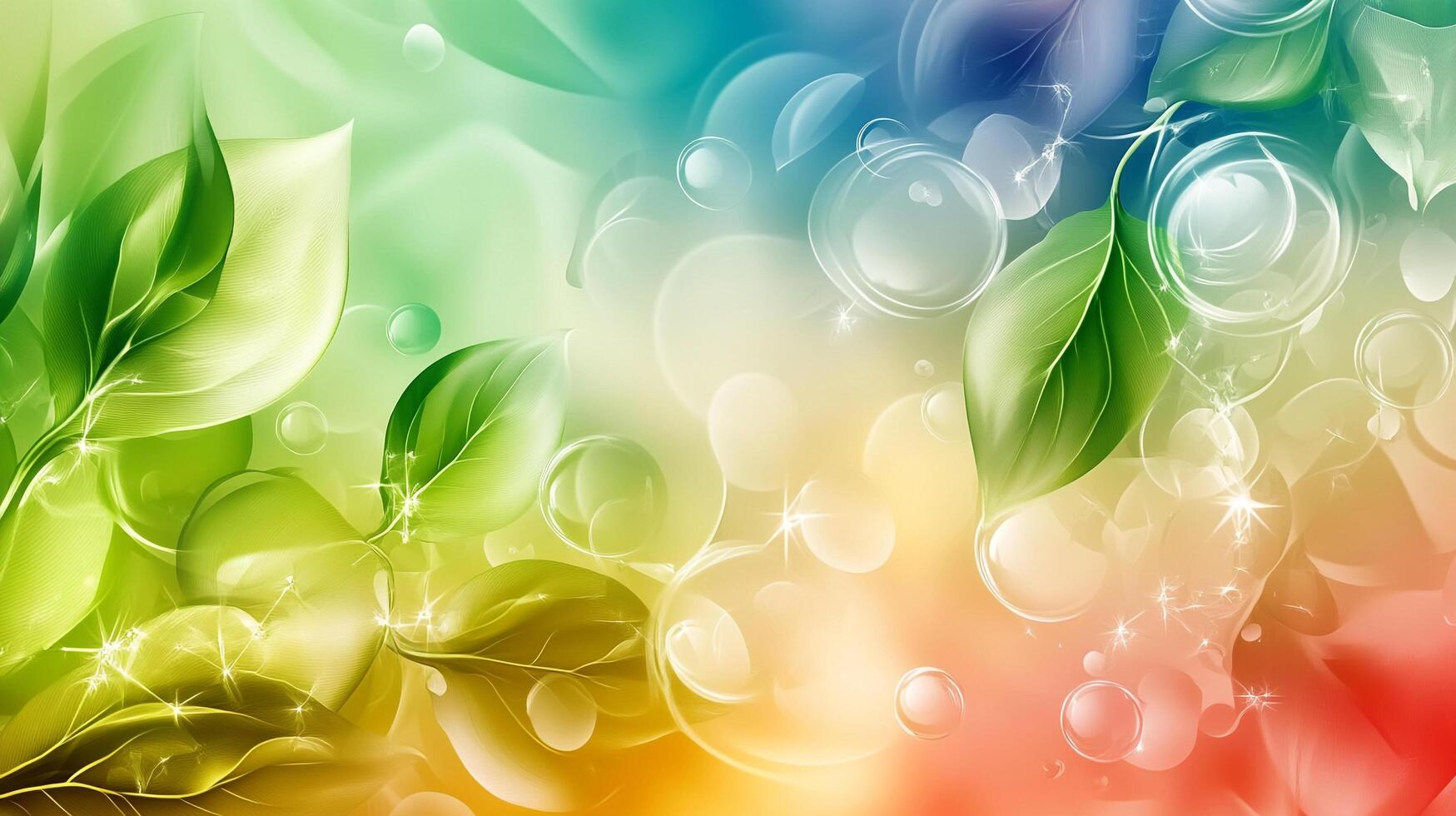 Colorful background featuring green leaves, bokeh, and a vibrant blend of rainbow colors, creating a dreamy and refreshing atmosphere. photo